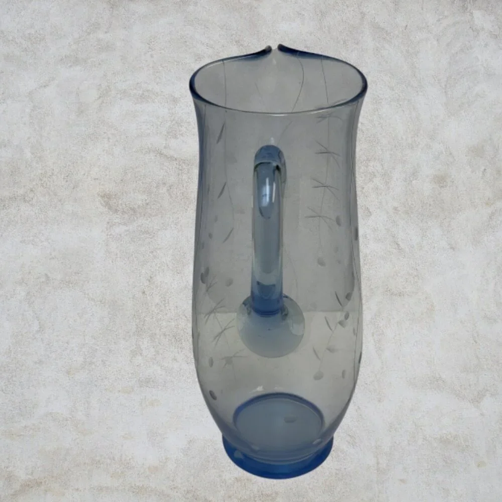 VINTAGE PITCHER -- Blue Glass, Circa 1980, Etched Glass Carafe, Tea/Juice/Water